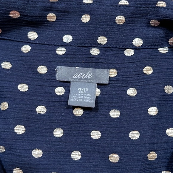 Aerie Navy & Gold Polka Dot Blouse Top Sheer Button Up Size XL EUC Collared - Picture 9 of 13